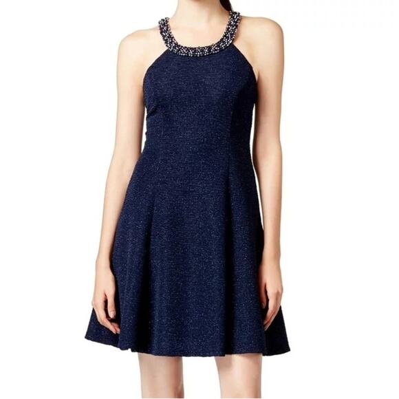 Betsy & Adam Beaded Embellished Halter Neck Minidress Navy Blue Size 4 NWOT - Picture 7 of 16